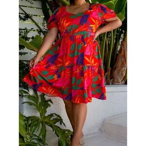 Red Tropical Summer Mini Dress Puff Sleeves Medium